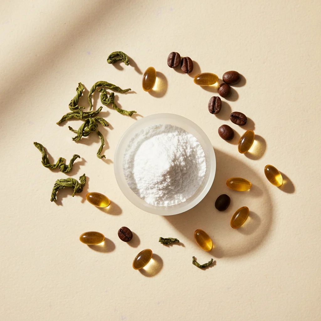 Natürliche Zutaten: L-Carnitin, Kaffeebohnen, Vitaminkapseln auf cremem Hintergrund