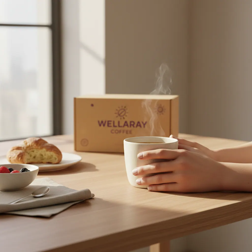 Hände halten eine warme Kaffeetasse am Morgen - Wellaray Coffee Morgenroutine